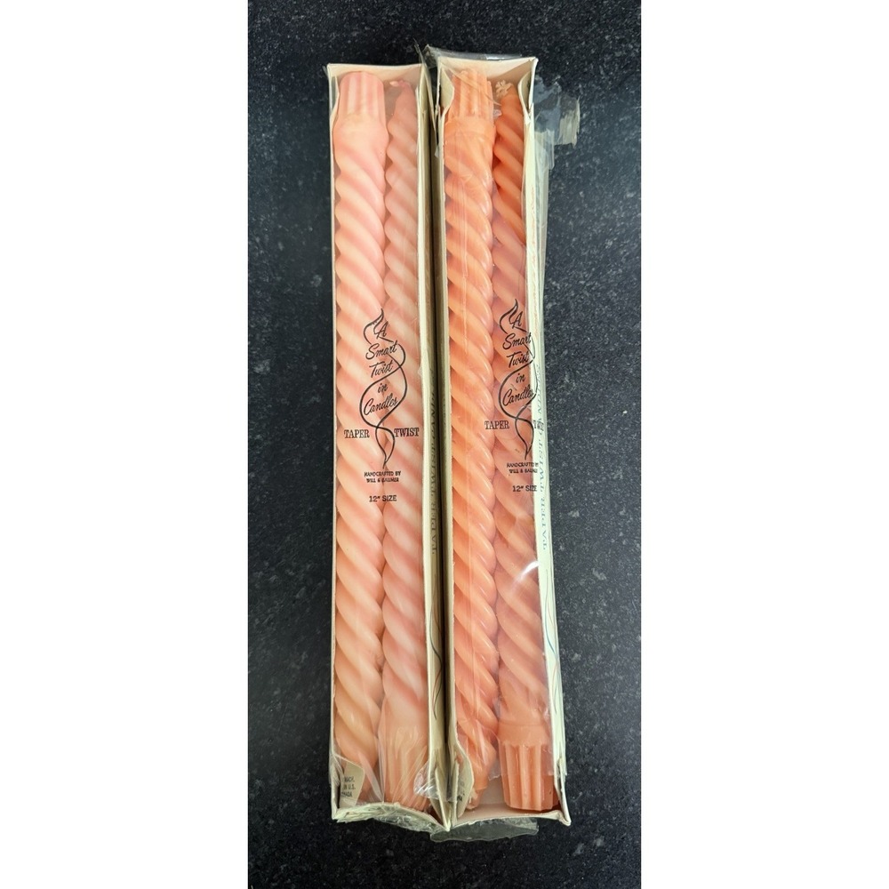 Vtg NOS Will & Baumer Taper Twist Candles 12" Peach/Coral – Set of 2 Boxes – USA